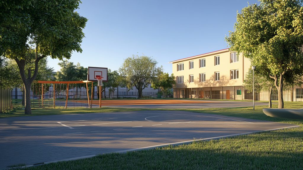 cour de récréation ensoleillée avec terrain de basket et extérieur d'école moderne